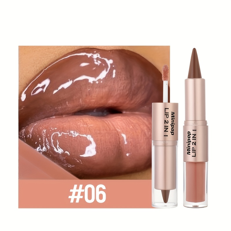 2-in-1 Dual-ended Lip Gloss And Lipstick - Long-lasting Formula, Waterproof Matte And Glossy End, Berry Tones, Non-slip Light Beige Shades
