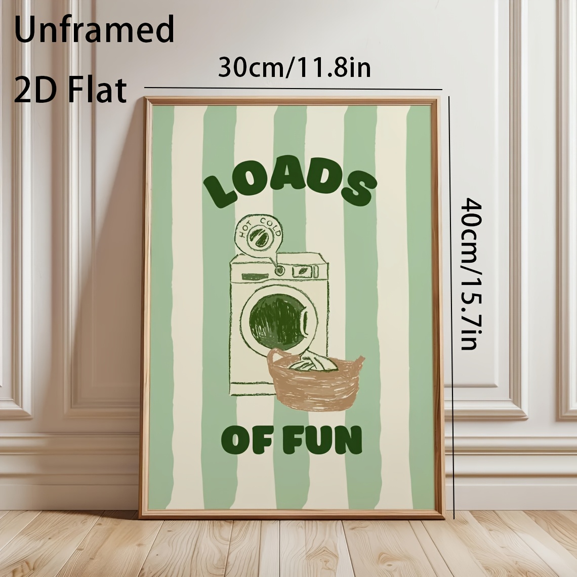 E-shop 2D Flach, 2D Flach, . Vintage Wäschezimmer Wanddeko Poster – Lustiges Waschmaschinen- und Korb-Design mit " of Fun" Text – und weiß gestreifte
