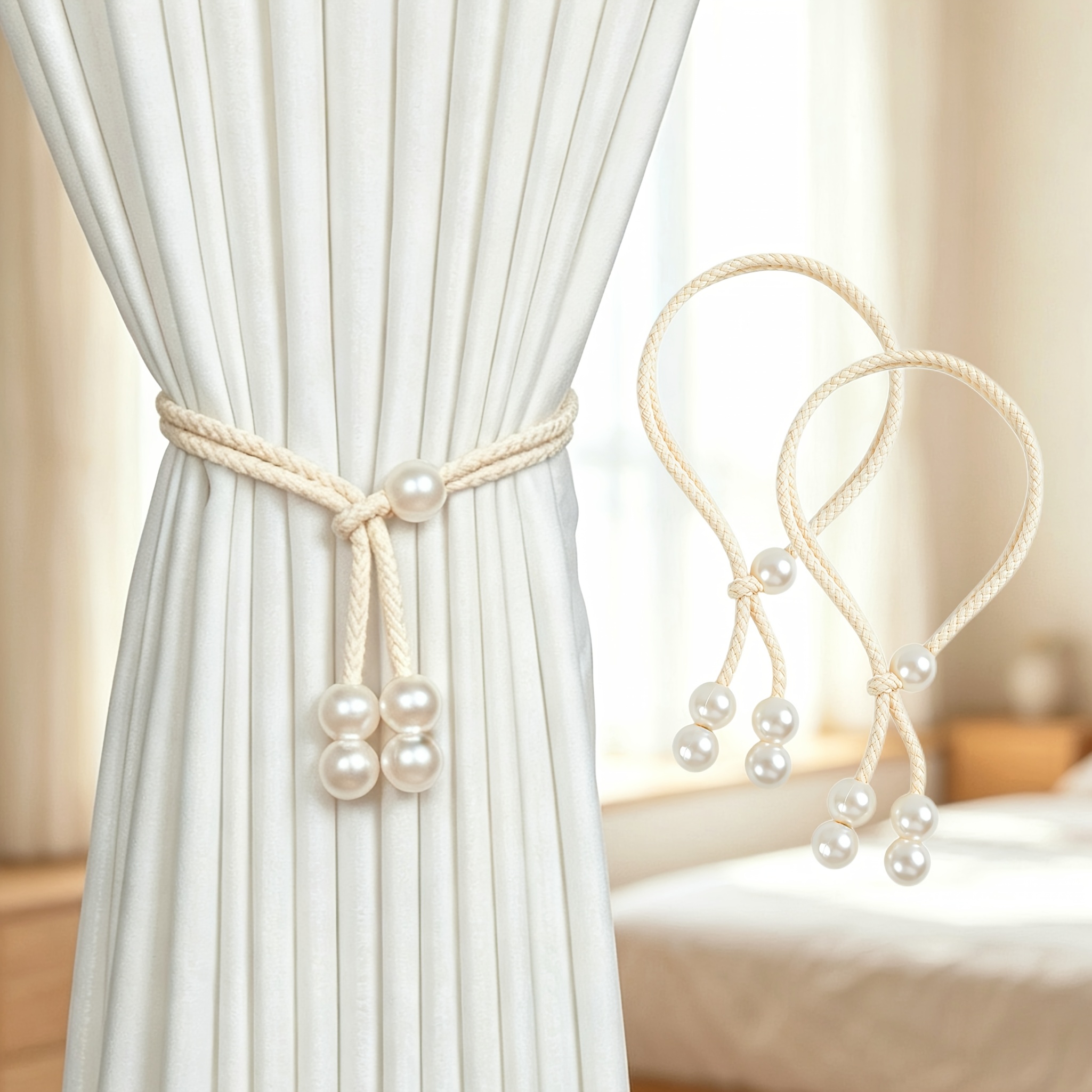 TEMU 2-pack Adjustable Pearl Curtain Tiebacks | Style | Exquisite Braided Ties | Suitable For Sheer Curtain Storage And Fixing In Living Rooms,