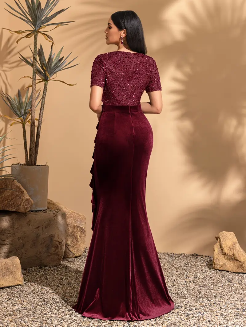 round neck short sleeve sequin patch velvet lace trim hip - Temu Germany round neck short sleeve sequin patch velvet lace trim hip - Temu Germany
