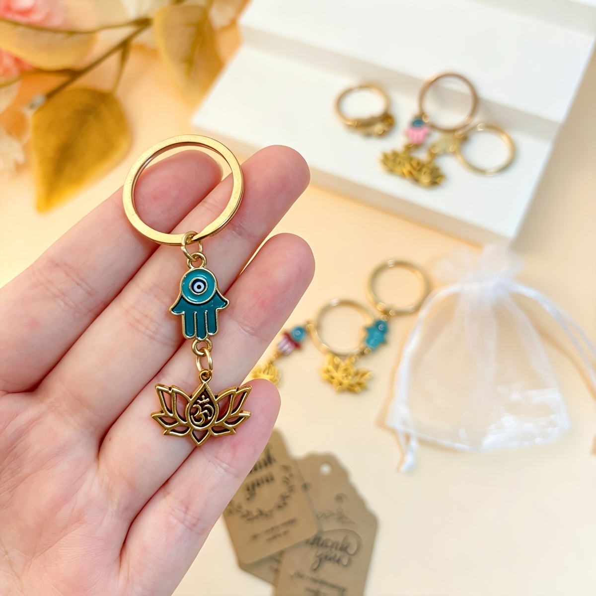 54pcs Vintage Ethnic Style Palm Lotus Flower Pendant Keychain Pack