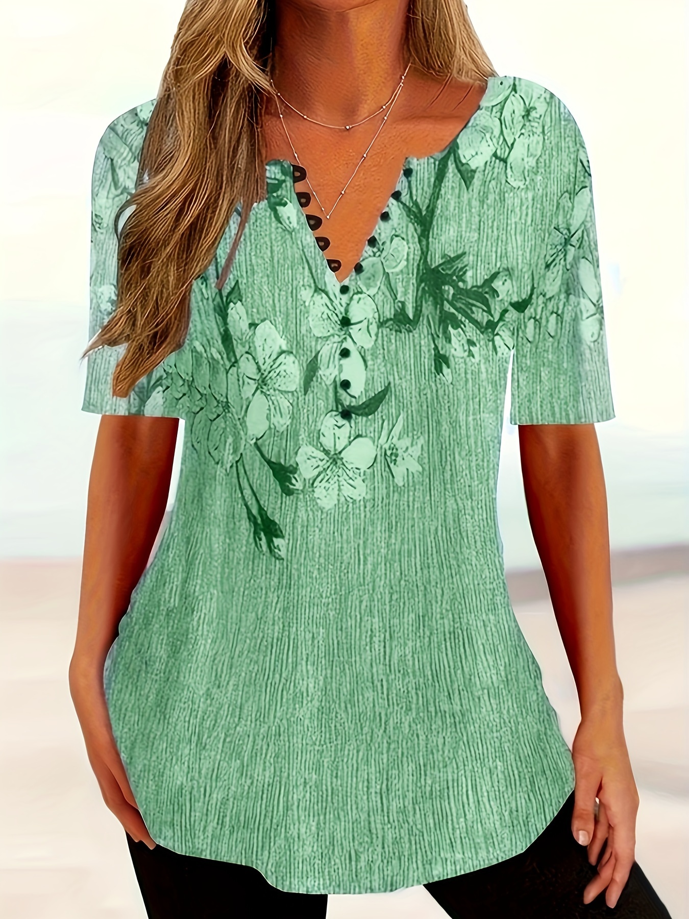 floral print button front t shirt casual short sleeve summer t shirt womens clothing emerald green 0