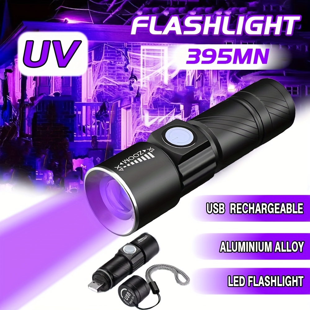 

1pc Usb Rechargeable 395nm Uv Flashlight, Ultraviolet Lamp Torch, Black Light Pet Moss Detector, 3 Lighting Modes, For Home Outdoor, Cat Dog Stains Bed Bug Moldy Food