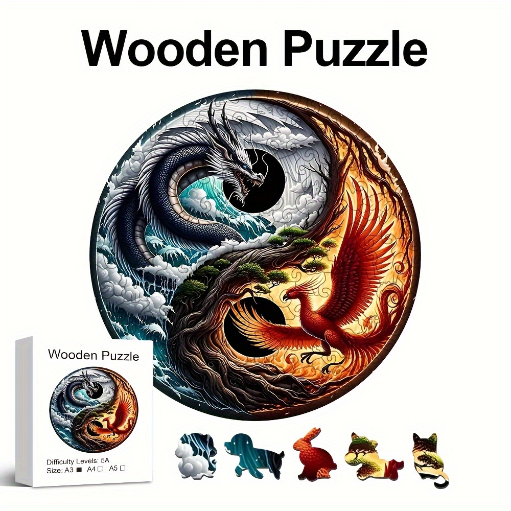 

Dragon And Phoenix Theme Wooden Puzzle, Uniquely Irregular Animal Shaped Wooden Toys, Creative Handmade Decorations, Holiday Gifts Home Decor Family Game