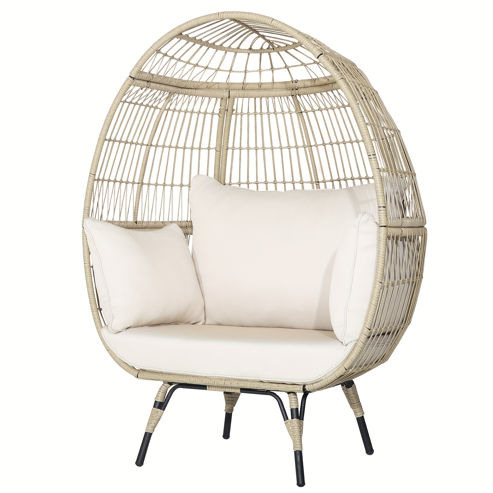 

1pc Rattan Egg Chair With Metal Frame For Patio, Oversized Indoor/outdoor Lounge Basket With 4 Cushions, Boho Chic Wicker Design, 57" High - Neutral Tones