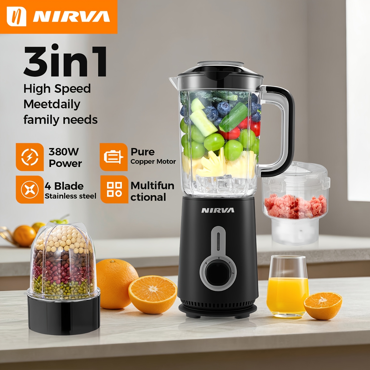Image of 3-in-1 Countertop Blender, 2 Speed And Function Blender With Chopper And Grinder Cup, System Electric Blender For Ice Sauces Nuts Meat Household Kitchen Food Processor
