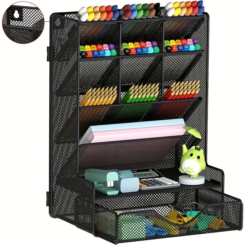 

1 Pcs Pen Organizer For Desk, Multi-functional Desk Organizer, Wall Mount Pen Holder With Drawer For School, Office, Home, Art Supplies, Black