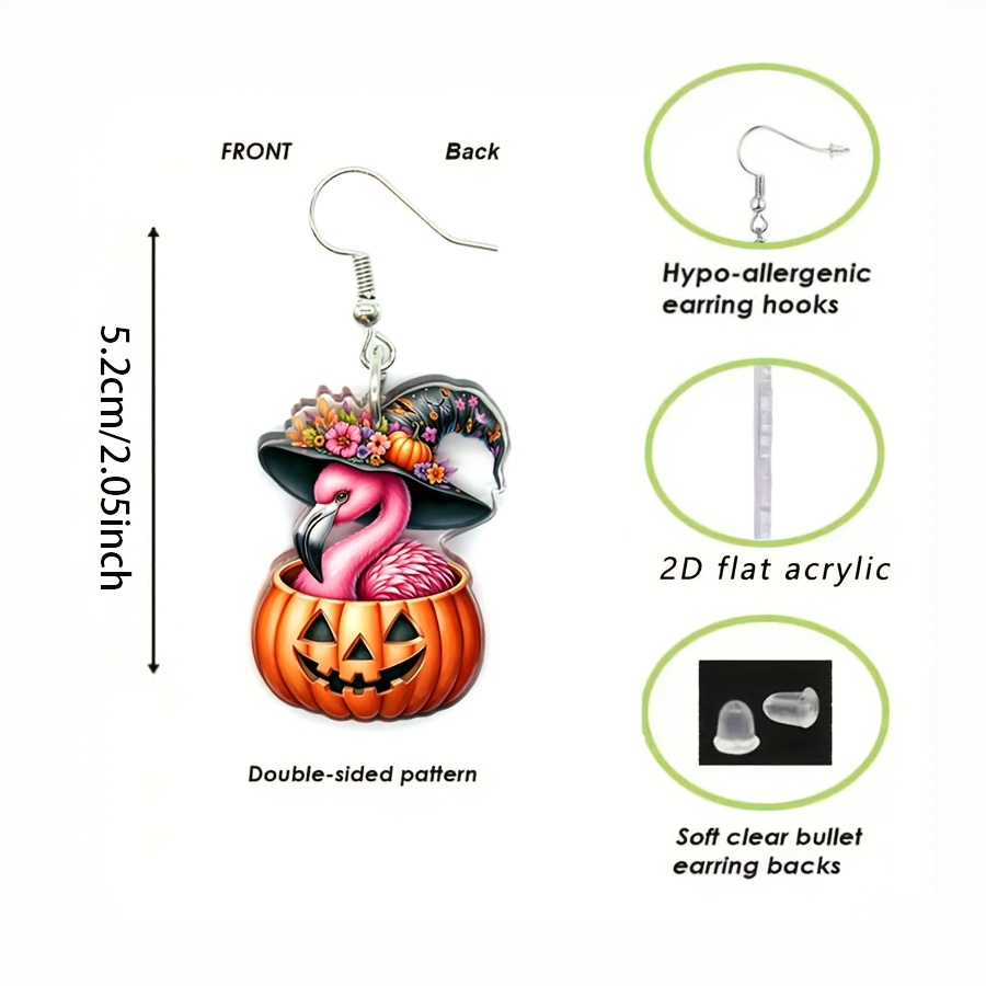 2D Flat Flamingo & Jack-o'-lantern Dangle Earrings, Retro Hippie Style