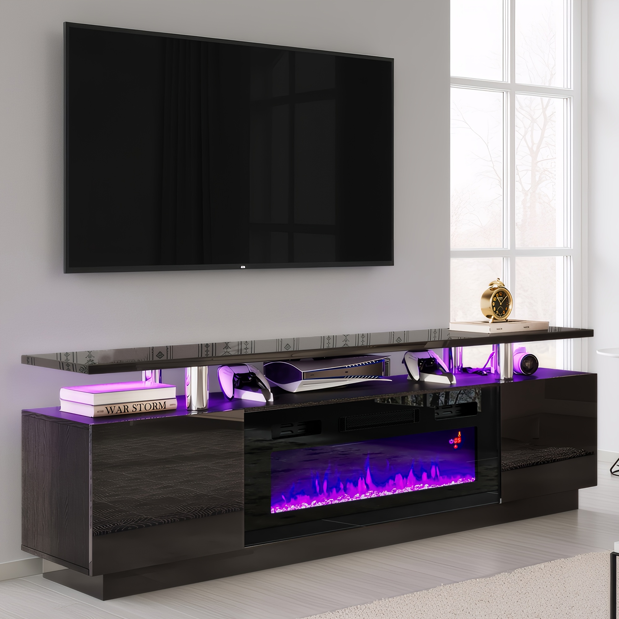 TEMU Meuble TV avec Cheminée Blanche de 36", Centre de Moderne 70" à Haut Brillant avec Lumières LED, Console TV à 2 Niveaux pour Téléviseurs Jusqu'à