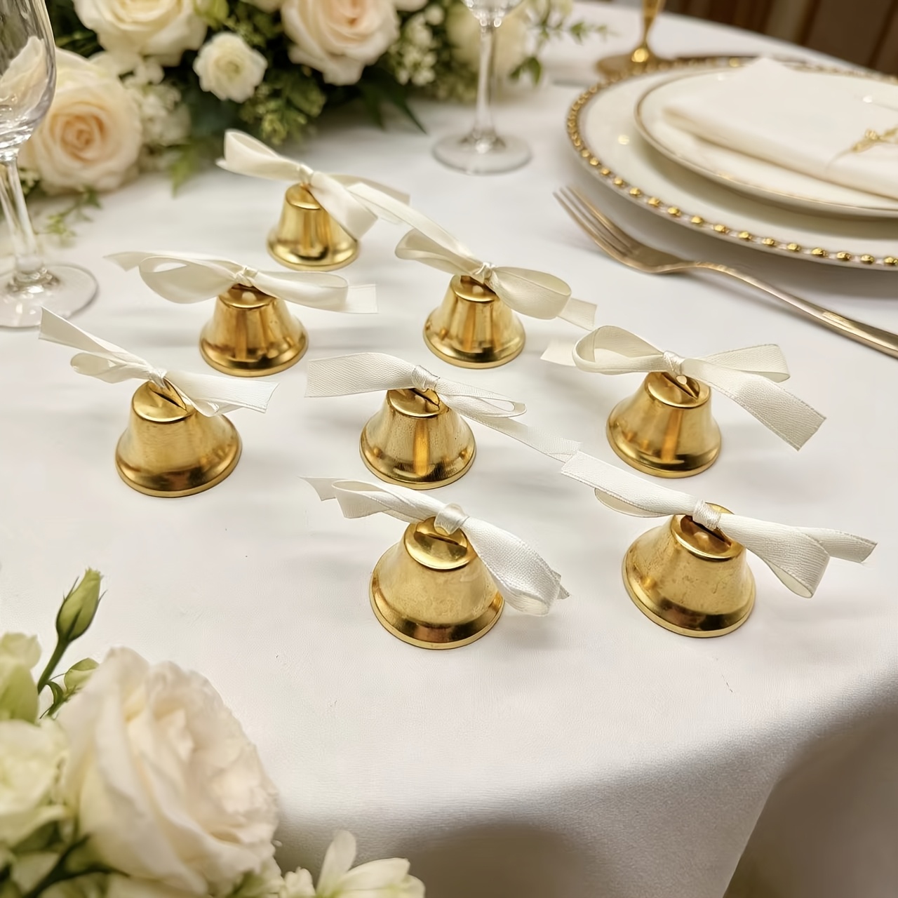 8pcs Decorative Bell, Golden Bell With Bow, Use For Wedding Decoration