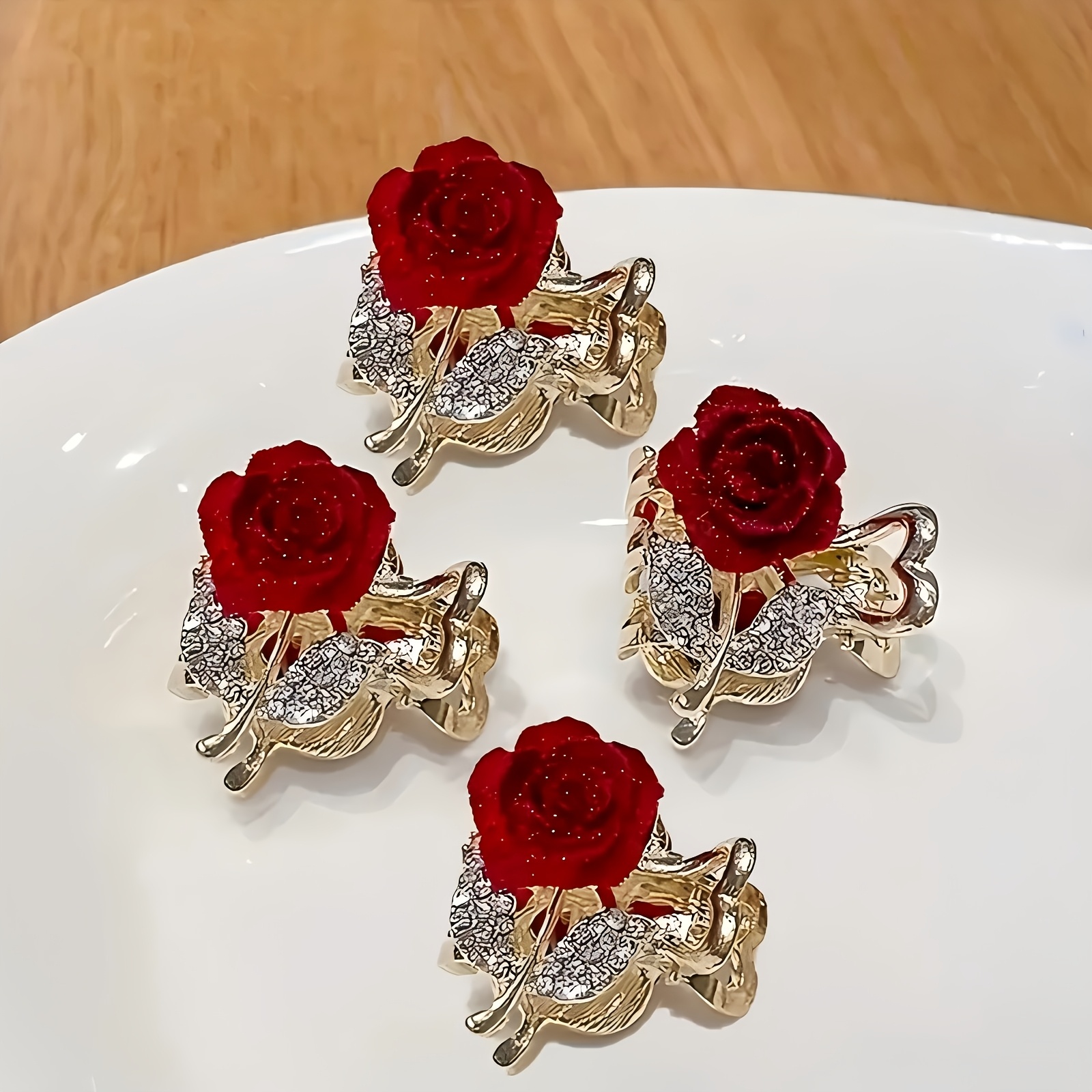Image of 4pcs Set Of Shiny Rhinestone Rose Flower Decorated Small Hair Clips, Elegant And Fashionable Women's Hair Additions, Hair Clip Additions