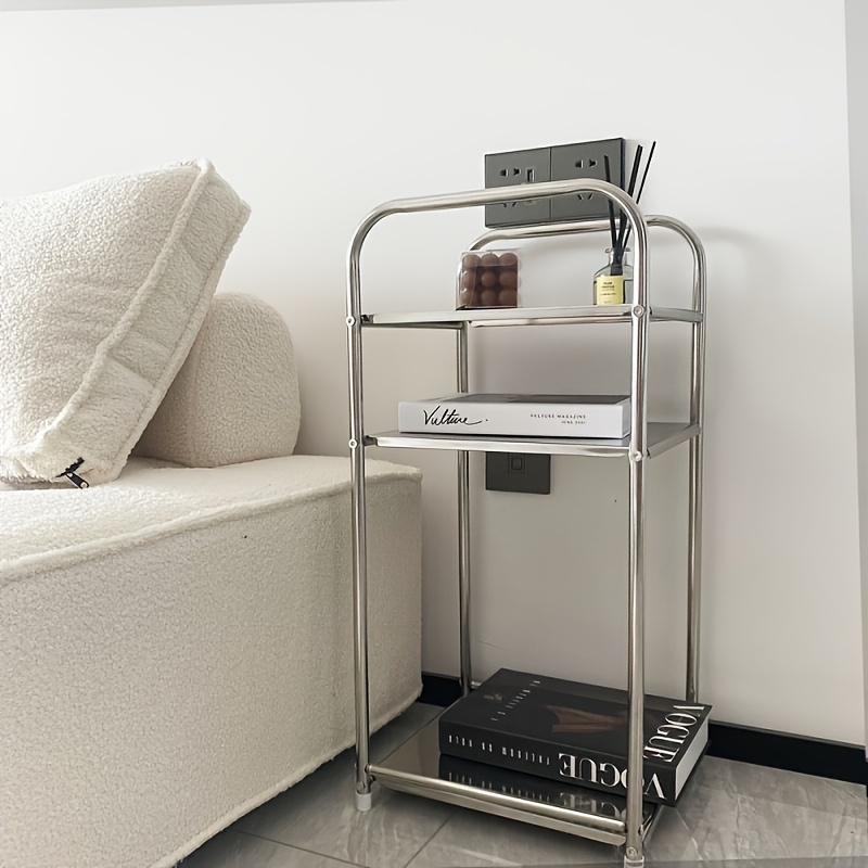 TEMU Modern Stainless Steel Side Table With Storage | Silver Bedside Table, Home Storage Rack, To Assemble, Height Less Than 68.58cm, Space-saving