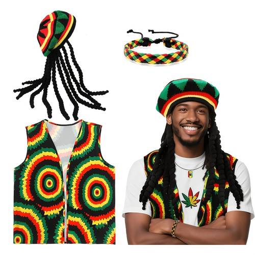 3pcs jamaican rasta costume accessories with rasta hat vest bracelet reggae themed outfit for men women rasta colors suitable for halloween carnival parties role play events