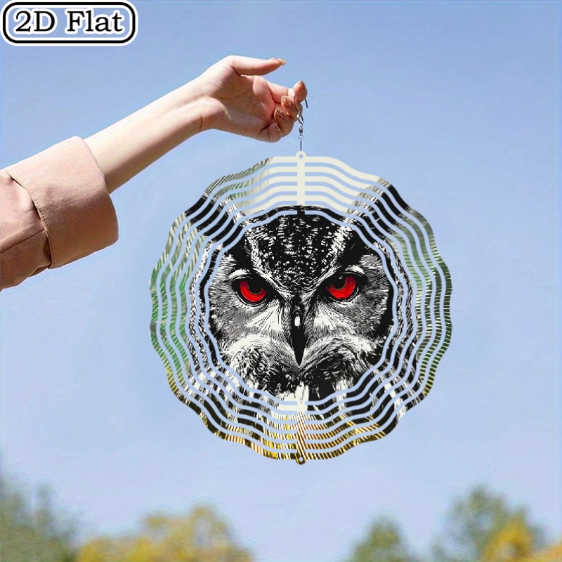 TEMU 1 Metal Rotating Owl Wind Chime - Rotating Motion Bird Repellent Outdoor Garden Decoration, Black And Design With Red Eyes And Sharp Claws -