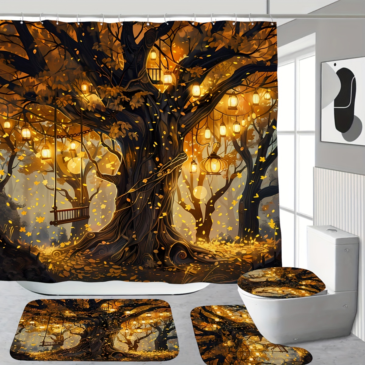 

Autumn Forest Shower Curtain Set With Non-slip Bath Mat, Toilet Seat Cover, And Durable Plastic Hooks - Arts Themed, Cordless, Woven Polyester, Digital Printed, Waterproof Bathroom Decor, 72x72 Inches