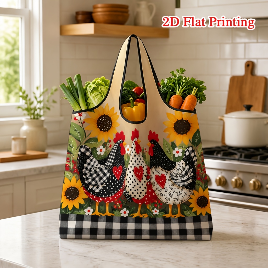TEMU 1pc Pastoral Style Sunflower Three-piece Chicken Print Large Portable Handbag, Women's Shoulder Bag, Suitable For Grocery Shopping And Travel,
