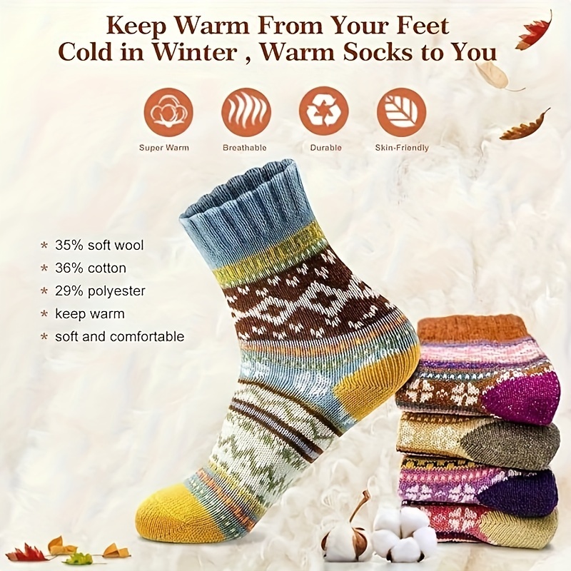 

5 Pairs Women’s Cozy Wool-blend Winter Socks – Soft, Warm, And Breathable Geometric Patterns In Vibrant Colors (blue, Yellow, Brown, Purple) – Perfect Gift For Cold , Christmas Socks