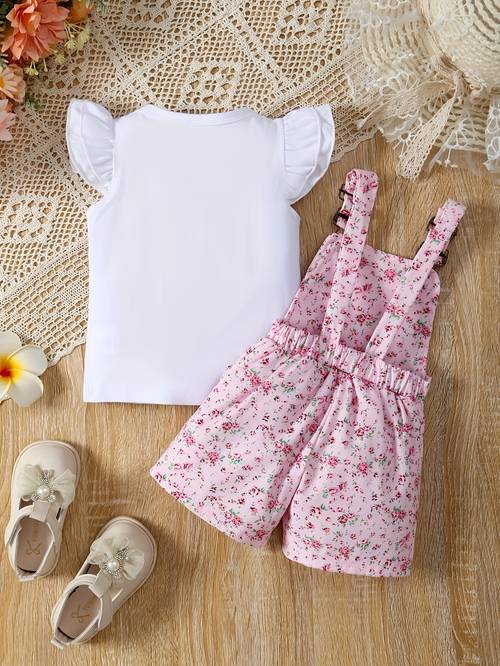 2pcs girls romper suit with pleated sleeves top floral strap pocket shorts and diaper pants measurement does not shoulder straps outdoor