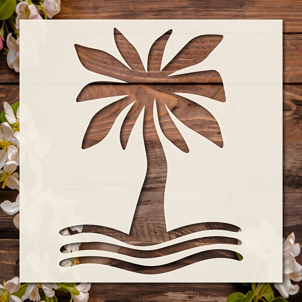 TEMU 1pc Zer Reusable Mylar Stencil Suitable For Wall Art, Scrapbooking, Card Making - Tree & Ocean Wave Template With Coconut Tree & Wavy Sea