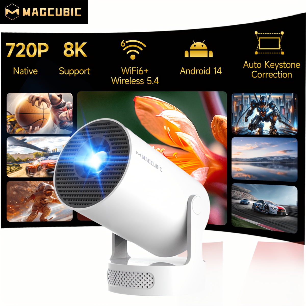 Magcubic 14 Projector Hy300pro+ Flexible Rotating Projector Native 720p Support 8k Bt5.2 H726 Processor With Auto Keystone Correction Portable Video Projector