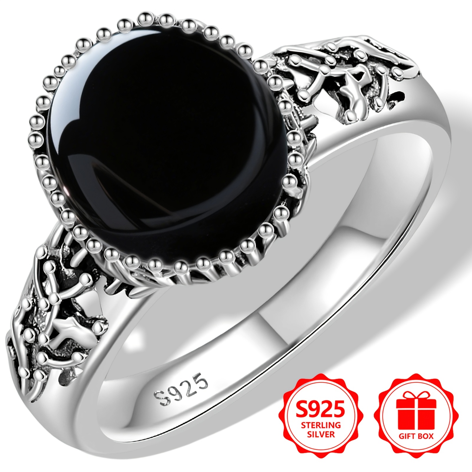 Women's 925 Sterling Silver Round Agate Ring, Vintage Vine Design