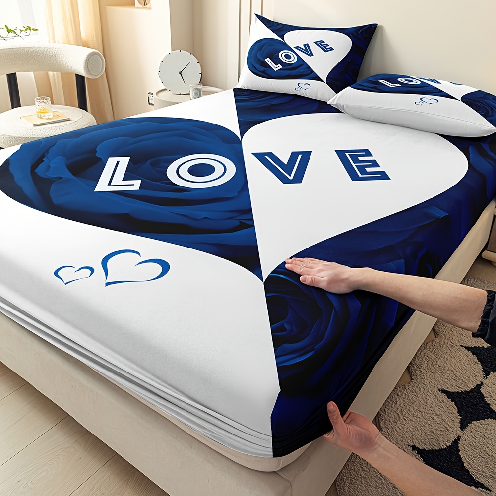 TEMU Ensemble de 3 pièces comprenant un drap-housse, protection de matelas "Couple Coeur", Tendance, , Confortable, Inclut taies d'oreiller pour la