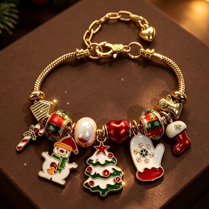 TEMU Christmas-themed Bead Snake Bracelet, Snowman/christmas Tree/candy Cane/gloves/christmas Shoe Pendant, Golden Adjustable Bracelet, Unisex,