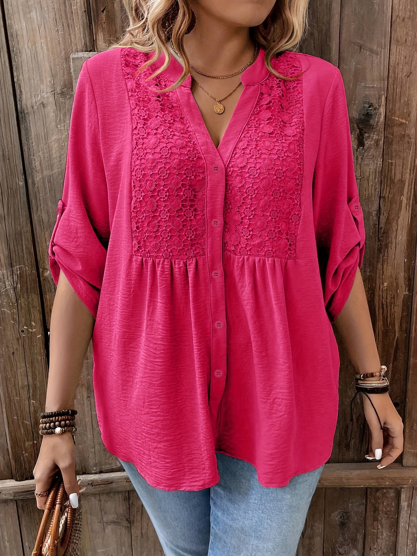 plus size womens plus size lace trim casual button up shirt with rolled sleeves rose red 3
