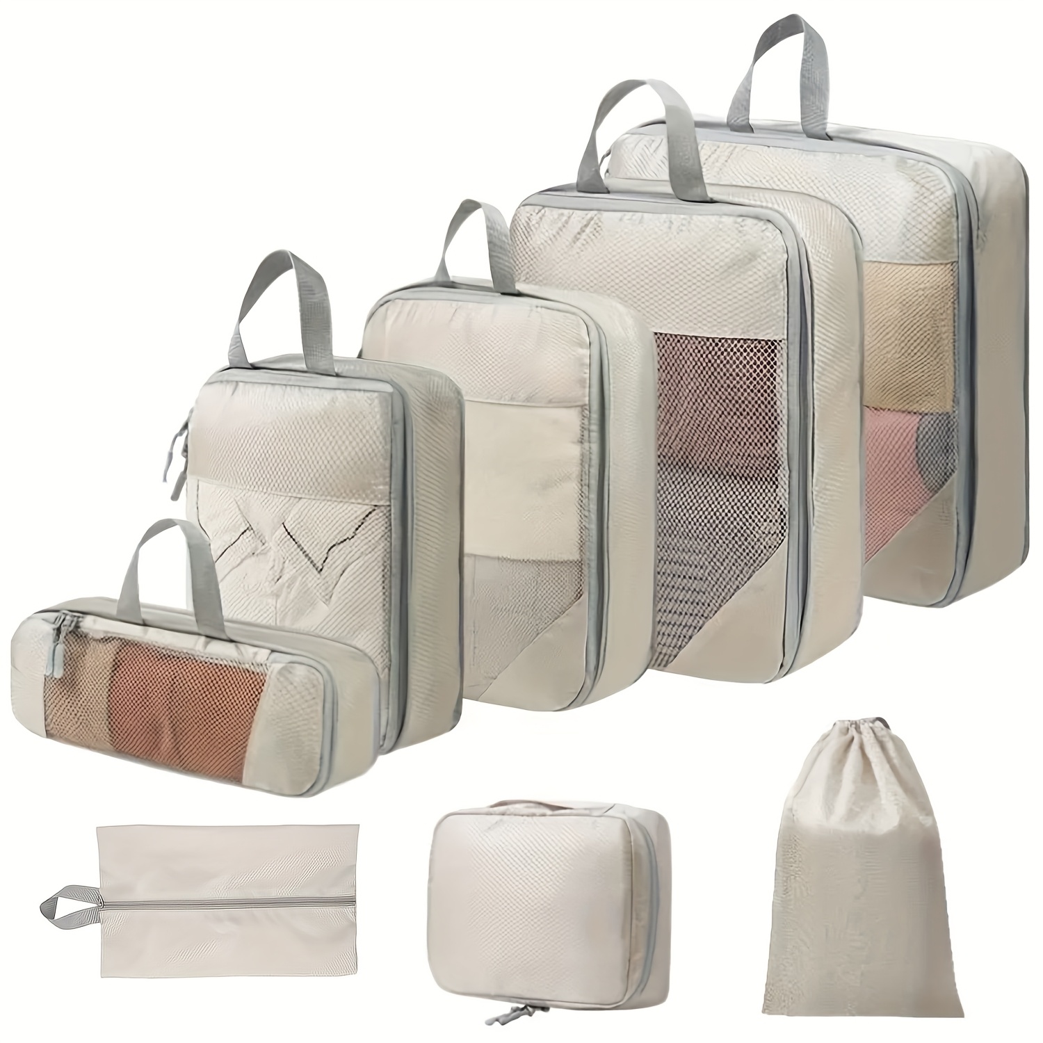 7pcs Luggage Organizer Set, Including Toiletry Bag, Shoe Bag And Drawstring Bag, High Quality Polyester Material, Ideal For Organizing Luggage, Beige