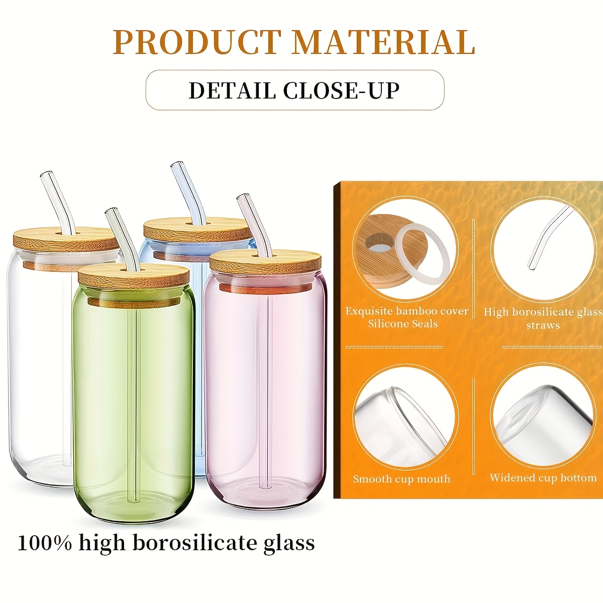 4pcs glass 16 oz   473 2 ml drinking mug with bamboo lid and glass straw pretty jar shaped glasses for parties great for     coffee 2 cleaning brushes Product details 0