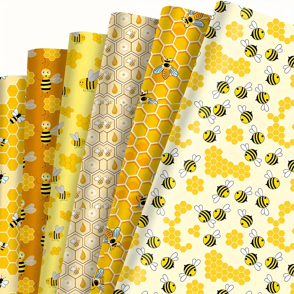 

6-pack Bee & Honeycomb Patterned Cotton-poly Blend Fabric Set, 19.7x17.7 Inches, 120gsm, Pre-cut Cartoon Quilting Patches For Diy Crafts And Sewing Decor