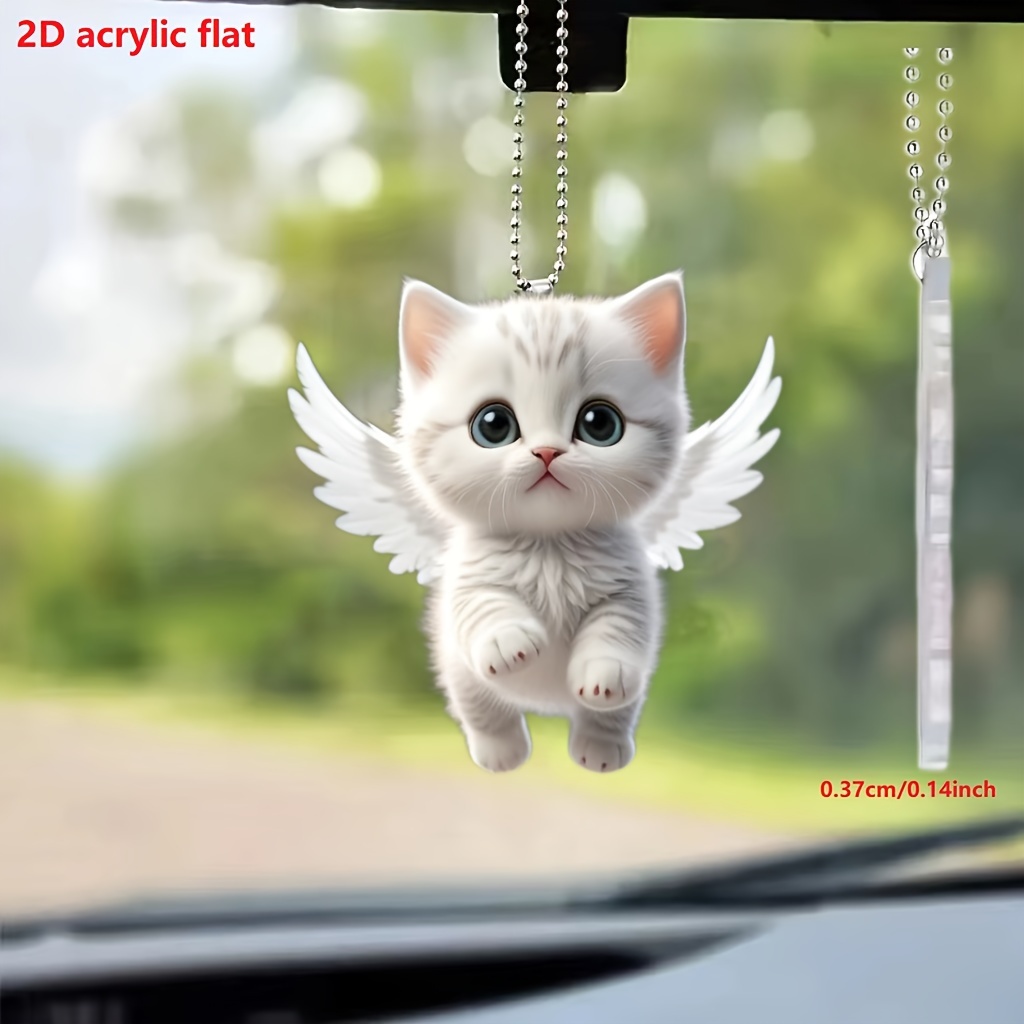 

1pc 2d Acrylic Winged Cute Kitten Design Rearview Mirror Decorative Pendant, Backpack Keychain, Decorative Pendant, Home Decoration Products