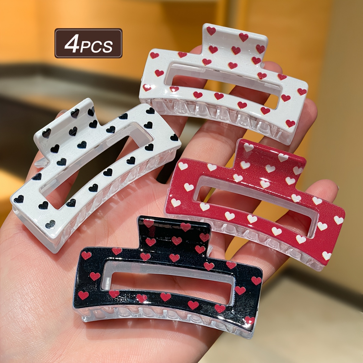 TEMU 4pcs 2.56inch Sweet Heart Print French Retro Square Hair Clips Suitable For Valentine's Day Gifts And Dates