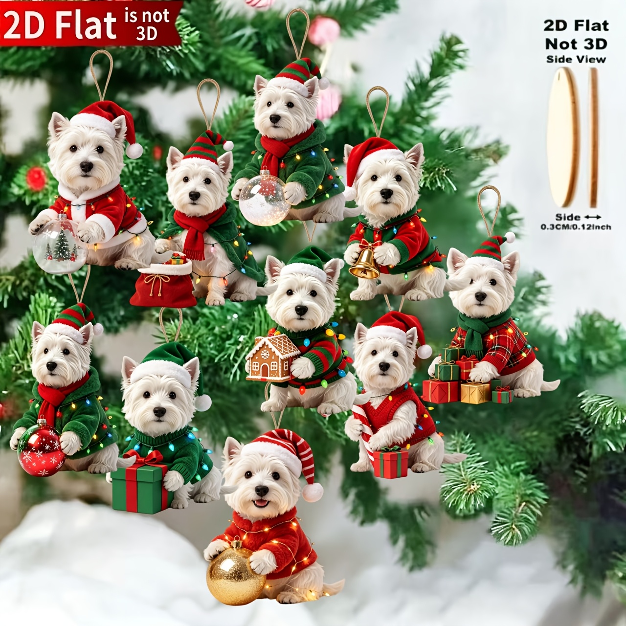 TEMU 2D, 10 piezas de adornos navideños adorables de West Highland Terrier - Gorros y bufandas festivas de Papá Noel, decoración festiva de madera de