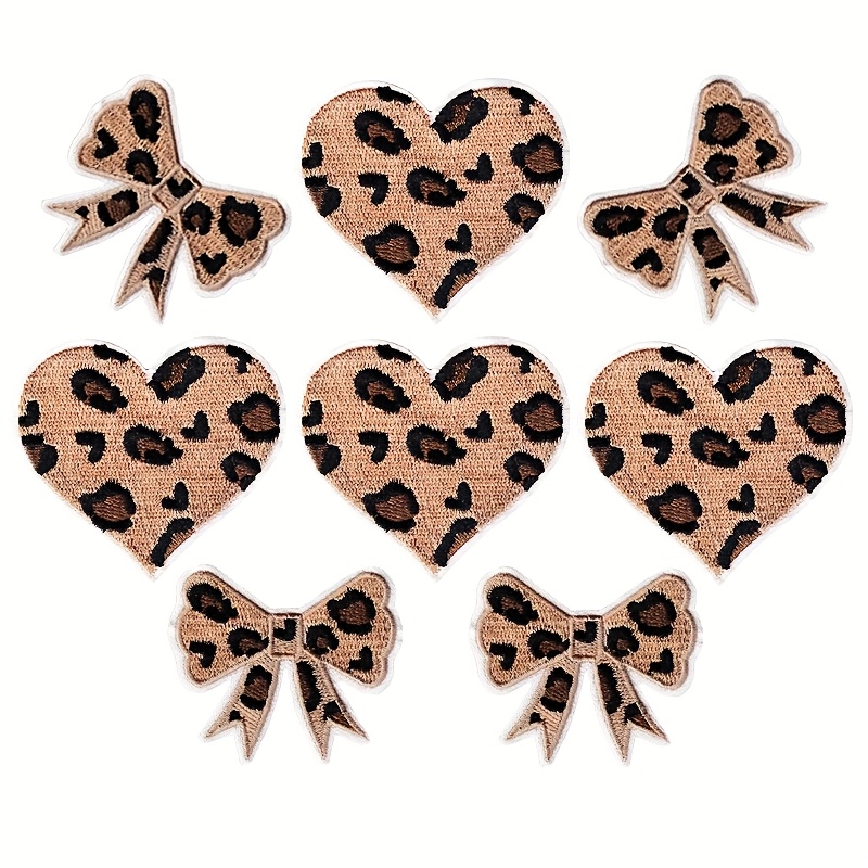 

8-pack Leopard Print Heart-shaped Embroidered Designs With Bow, Iron-on Sew-on Appliques, For Diy Fashion Accessories On Hats, Bags, Vests, Jackets, Backpacks, Clothing, Dresses, Jeans