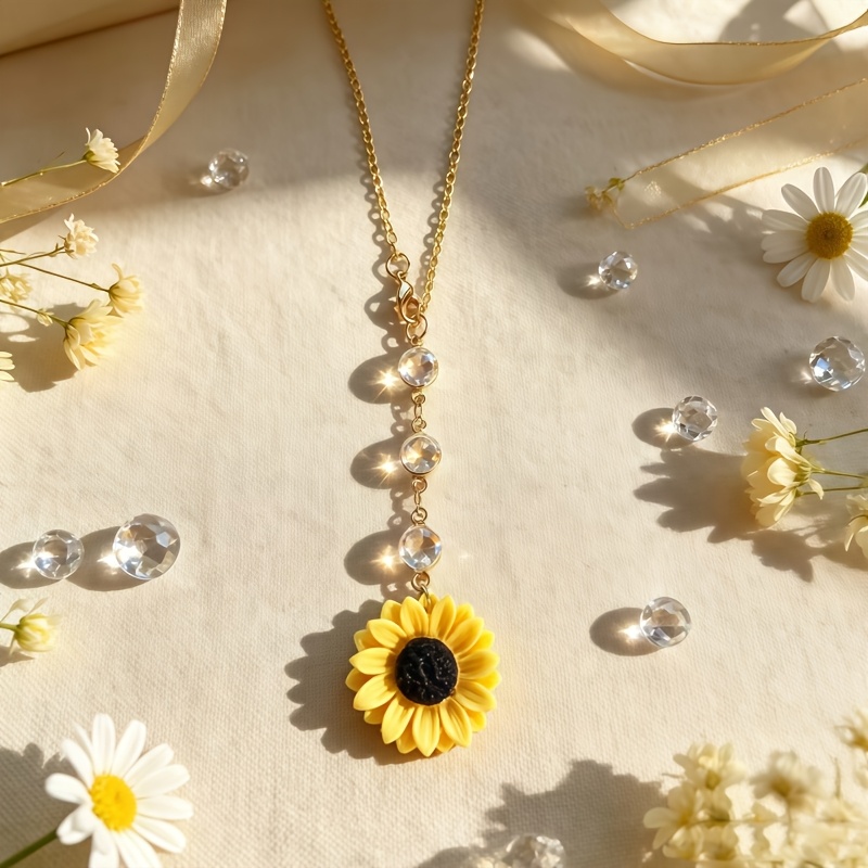 TEMU 1pc Sunflower Charm Pendant With Imitation Crystal Beads & Chain - Good Luck Talisman Suitable For Car, Bag Charms, Gifts, Dual Use For And,
