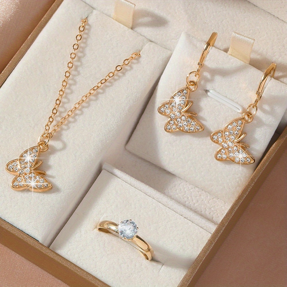 TEMU 4pcs Elegant Sparkling Jewelry Set - Includes Necklace, Earrings And Ring, Ideal For Daily Wear And Special Occasions, Perfect Valentine's Gift,