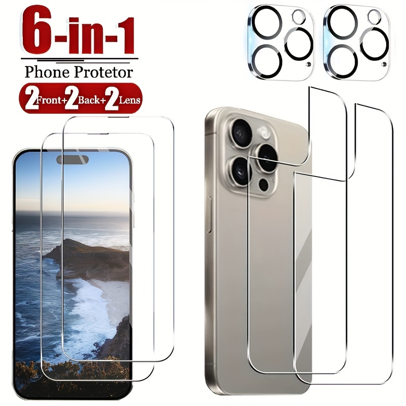 

6-in-1 Screen & Camera Lens Protector Set For 11/12/13/14/15 Pro Max And Plus, Tempered Glass Film, 9h Hardness, Hd Clear, Full Coverage With 2 Front & 2 Back Films, Easy Install