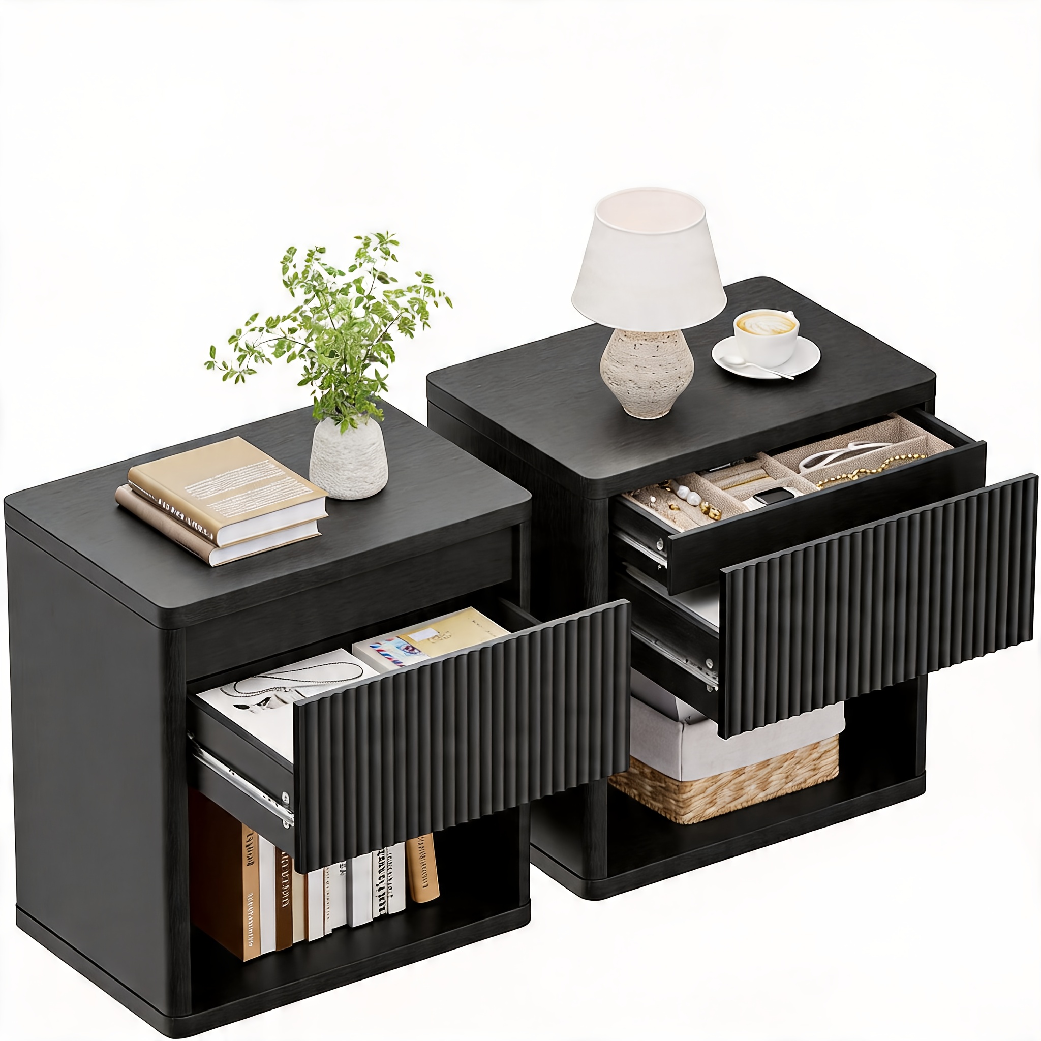 modern space saving nightstand with hidden drawers open shelf curved bedside table suitable for small bedrooms freestanding   bedside with concealed drawers and open shelves for narrow spaces