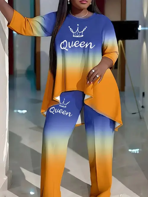 plus size ombre queen print pants set 3 4 sleeve crew neck high low hem t shirt pants outfits womens plus size clothing