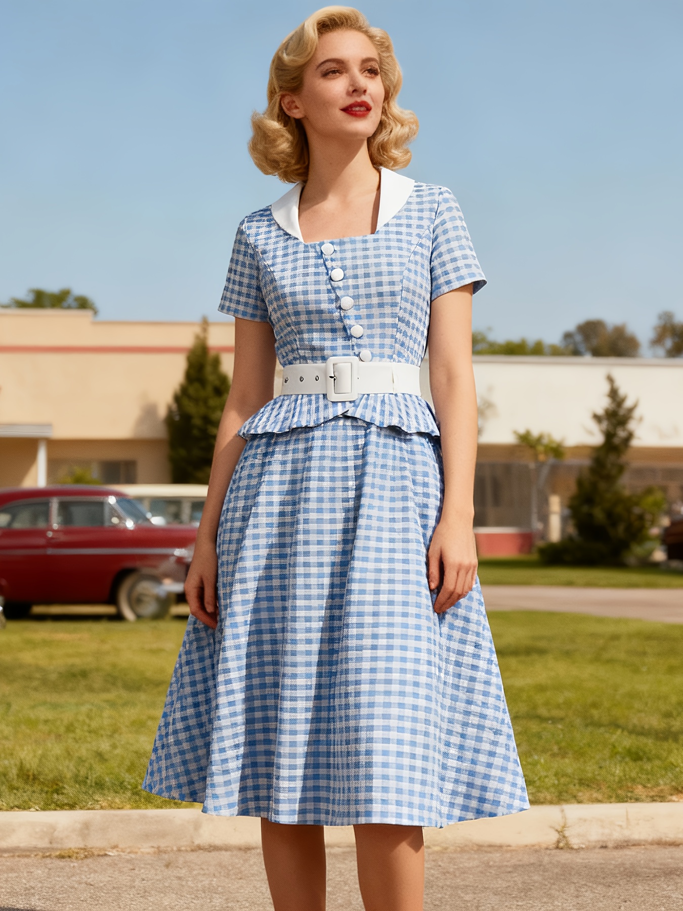 Elegant Vintage Midi Swing Dress for Women Featuring a Black And White  Plaid Pattern, Short Sleeves, Slant Buttons, a Peplum Design, And a Belted  Pleated Style