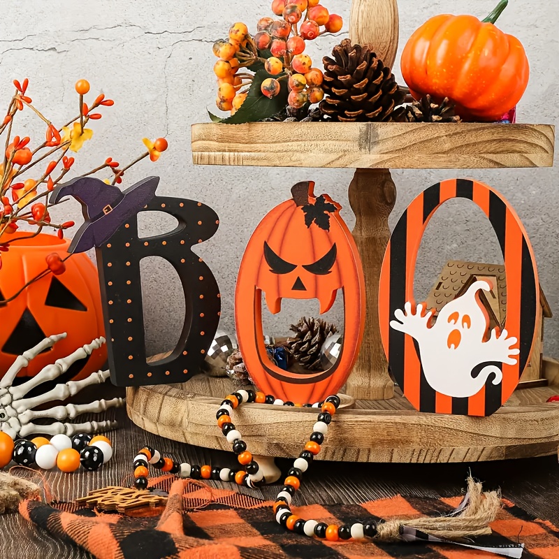 TEMU Boo Signs Halloween Table Centerpieces Decorations Indoor, Retro Halloween Tiered Tray Decor Set Of 3, Wooden Day Decoration Sign For Party Home Shelf Display Christmas