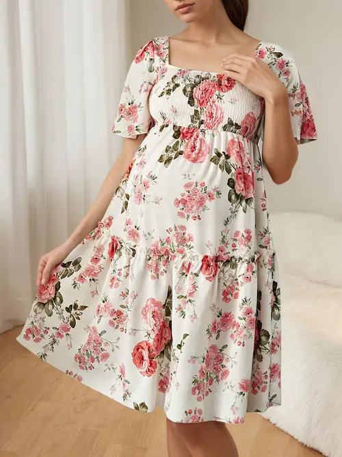 Pregnant Women'* Neck Floral Dress, Maternity And Postpartum Wear *-Length Skirt Pregnant Women'* Neck Floral Dress, Maternity And Postpartum Wear *-Length Skirt