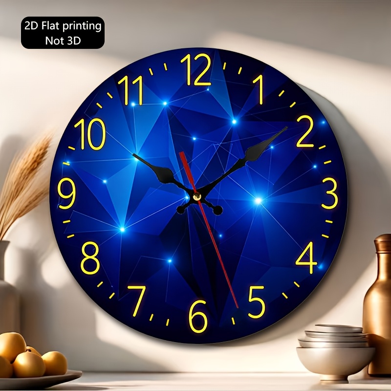 TEMU 1pc, 2d Flat Wall Clock, Blue Geometric Pattern -the-dark Starry , Suitable For Living Room, Bedroom, Office, Dining Room, Study Decoration, 2d