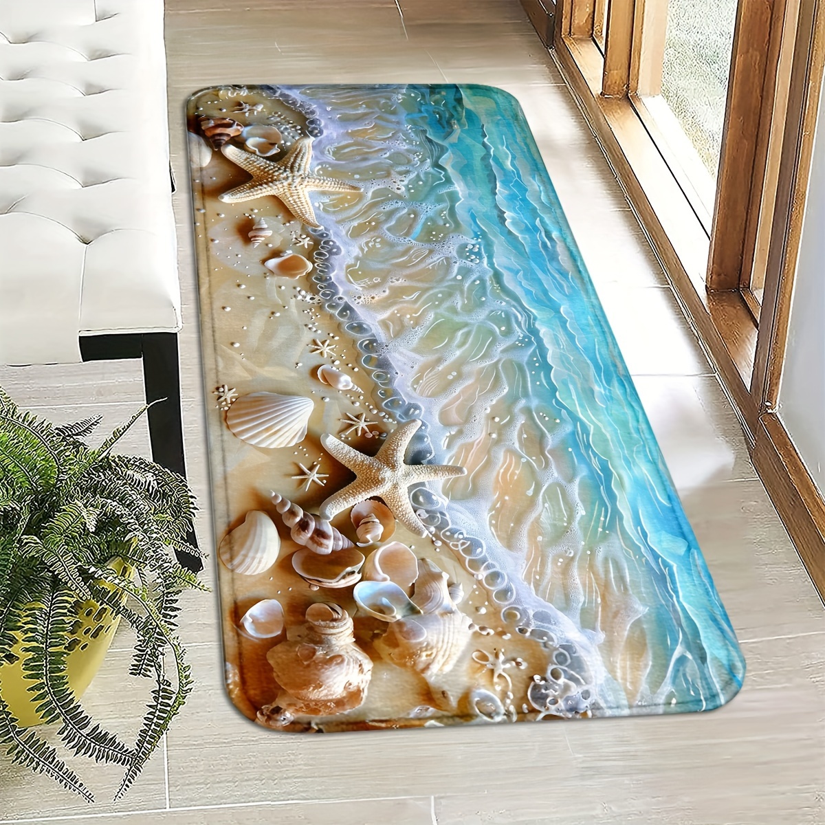 TEMU Warm Beach Scenery Floor Mat With Starfish And Shells, Machine Washable, Outdoor Entrance Mat, Welcome Mat, Non-slip Mat, Suitable For Living