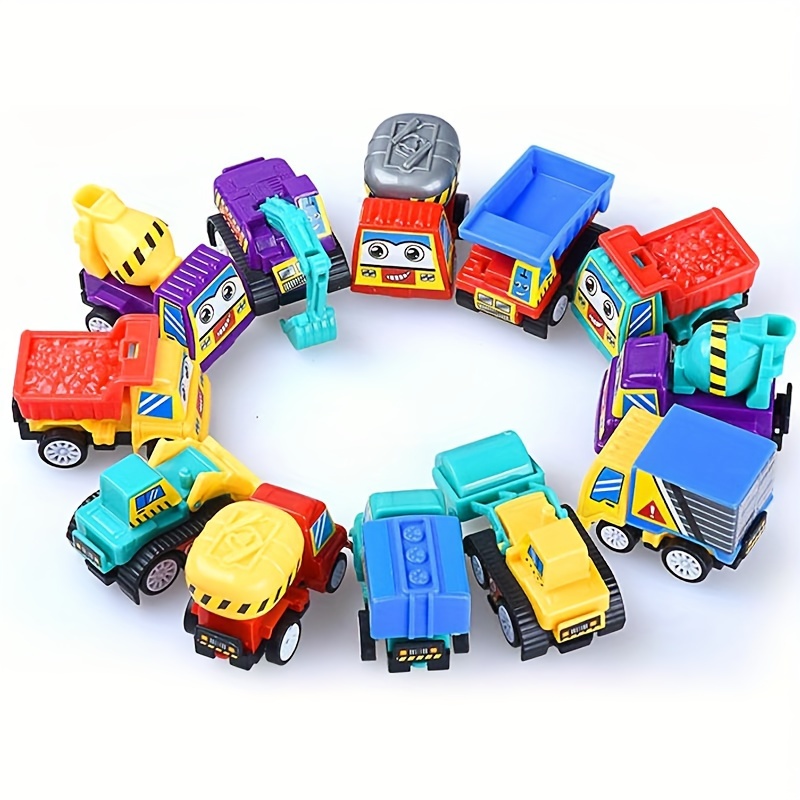 

12pcs Assorted Colors Bouncy Fire Truck, Tow Truck, , Cartoon Sticker Assembled Toy Vehicles, Parties, Birthday, Christmas, Gifts, Plastic, Green, Gray, Yellow, Red, Black, Blue, White