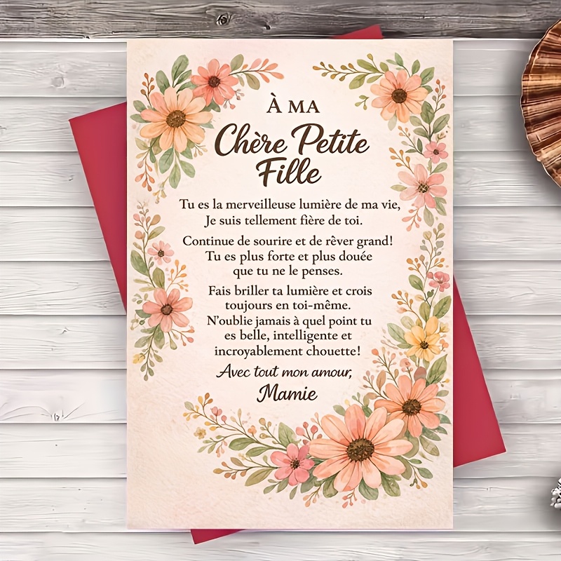 TEMU Une enveloppe et une carte de vœux florale française pour petite-fille de la part de sa , encouragement affectueux et cadeau d'anniversaire