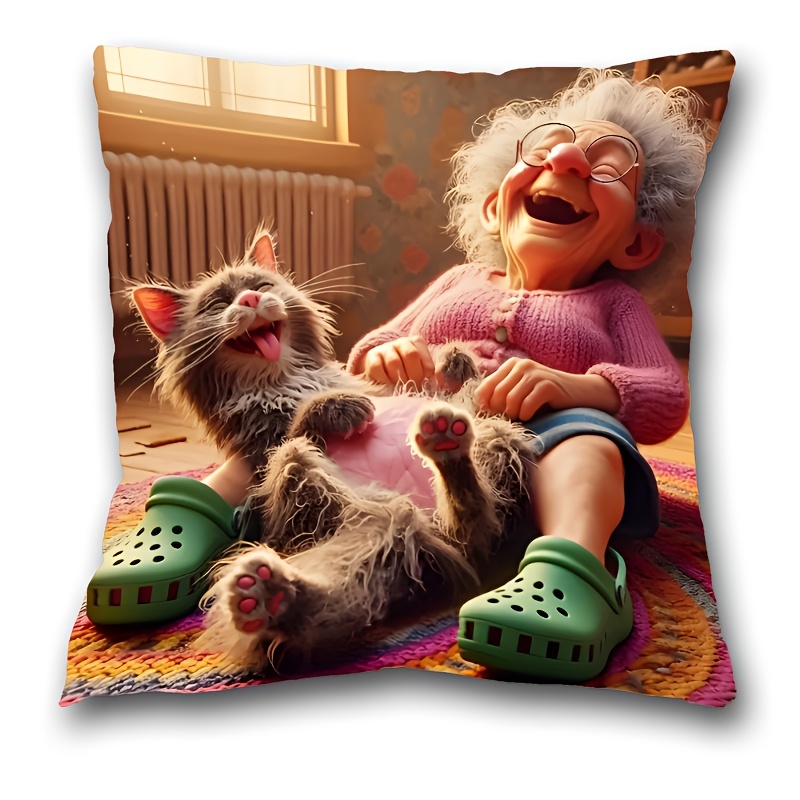 

1pc Bohemian Style Funny Cat And Lady Throw Pillow Cover, 17.7"x17.7" - Machine Washable, Zipper Closure, Woven Polyester, Animal Themed Cushion Case For Living Room Decor (pillow Insert Not Included)