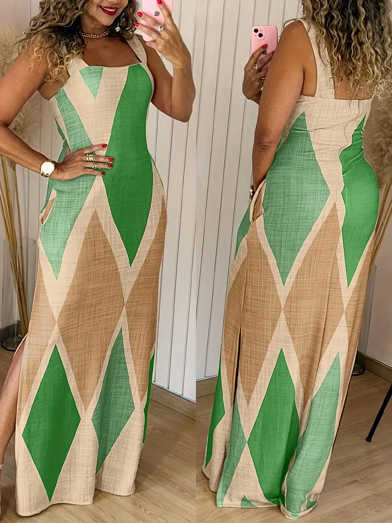 loose fit long dress thick shoulder straps geometric pattern - Temu Mauritius loose fit long dress thick shoulder straps geometric pattern - Temu Mauritius