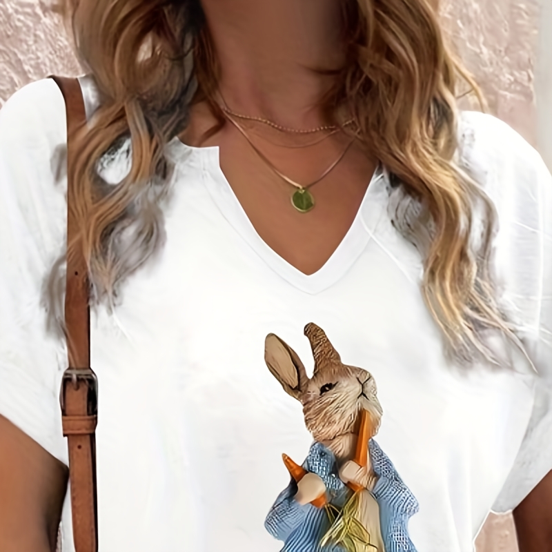 

Women's Rabbit Graphic V-neck T-shirt - Lightweight Polyester , Short Sleeve Casual Top With Rolled Cuffs, Ideal For